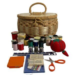 Vintage Round Woven Wicker Sewing Basket w/ Handle Satin Lining + More - Japan